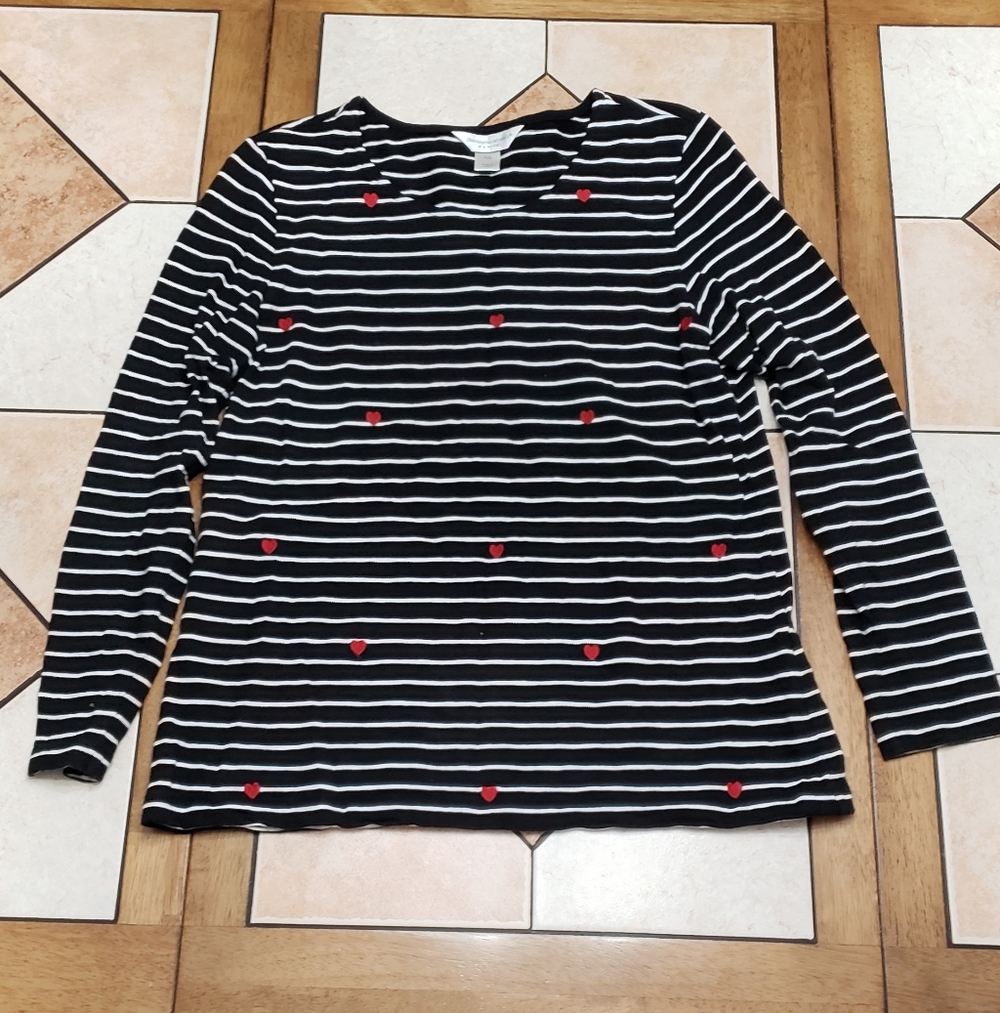Christopher & Banks Long Sleeve Top Hearts Stripes Black